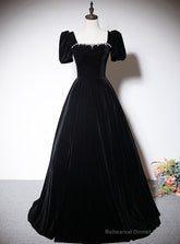 Black Velvet Short Sleeve Square Neck Crystal Prom Dress